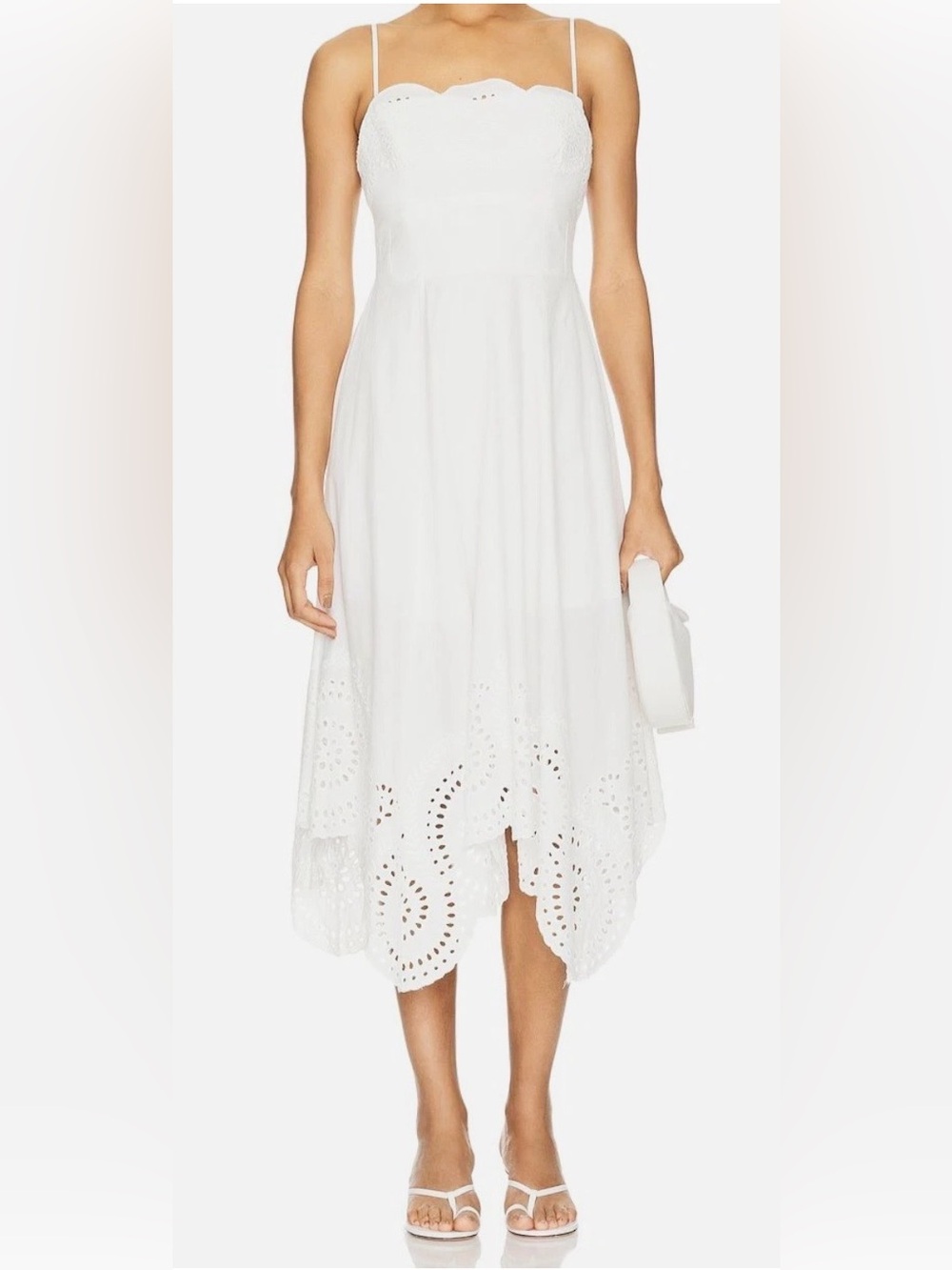 Milly Camilla White Cotton Eyelet Midi Dress. Scalloped Neckline and Hem. Sz 12
